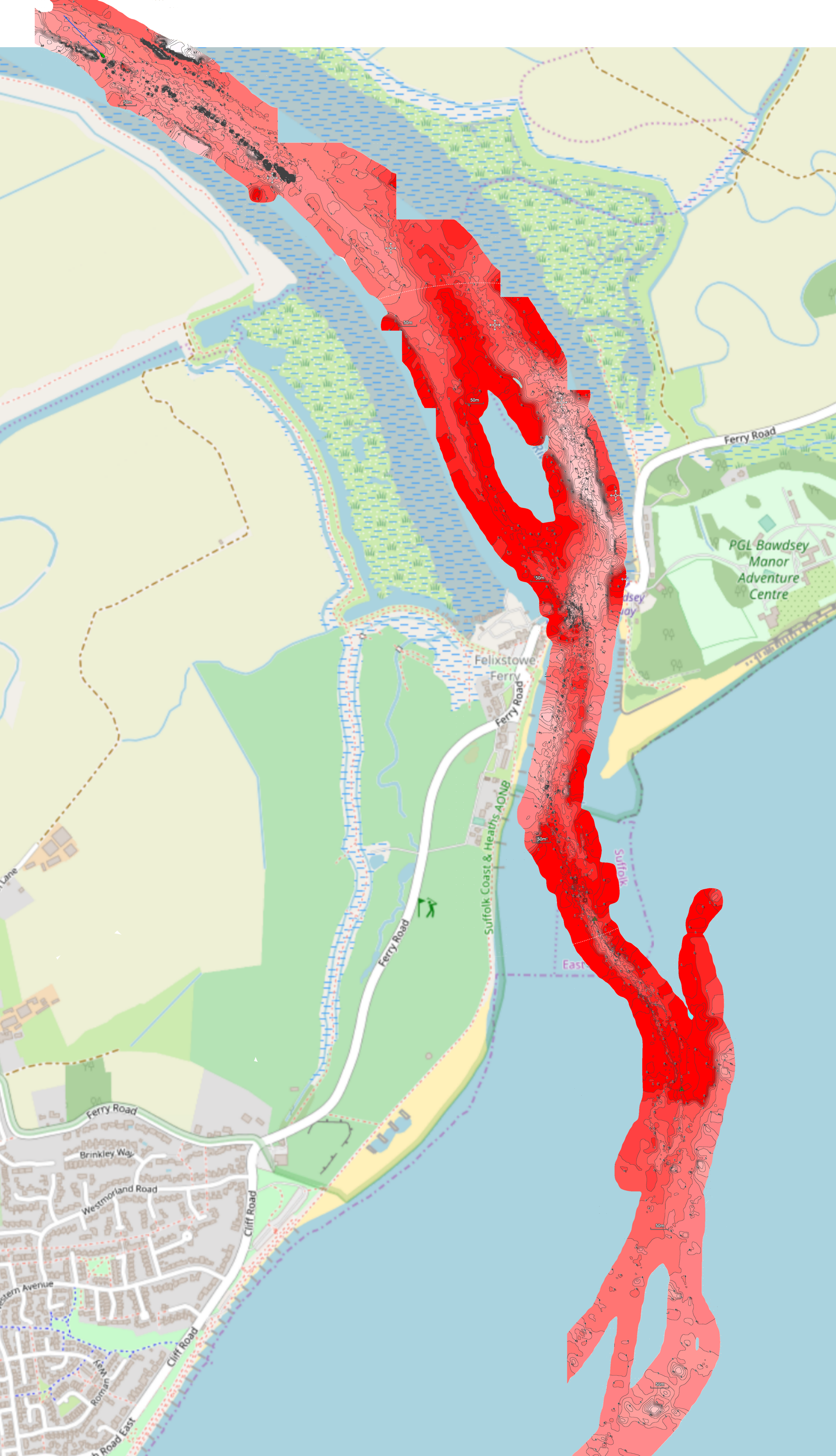 OpenSeaMap view of Deben entrance with Soundings overlayed.